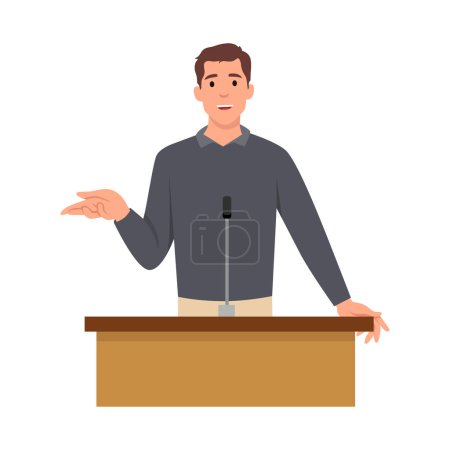 Illustration for Young Businessman or politician speaking at the podium. Flat vector illustration isolated on white background - Royalty Free Image