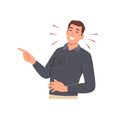 Illustration for Young man laughing while pointing. Flat vector illustration isolated on white background - Royalty Free Image