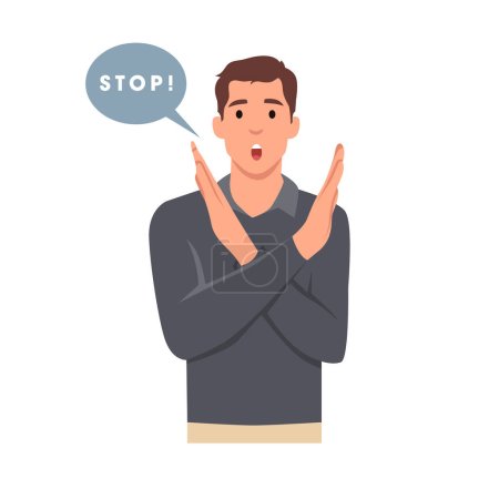Illustration for Young man Unhappy showing crossed hands sign. Gesture meaning to stop, that s enough symbol. Refusal or denial. Flat vector illustration isolated on white background - Royalty Free Image