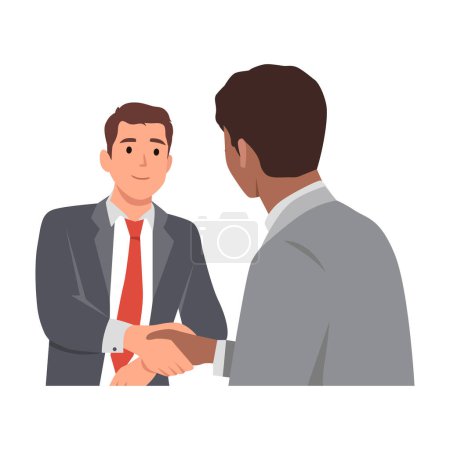 Illustration for Two international business man Caucasian and Black shaking hands. Businessmen first meeting greeting with firm handshake. Flat vector illustration isolated on white background - Royalty Free Image