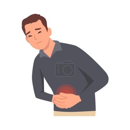 Illustration for Young unhealthy man suffer from stomach ache or gastritis. Unwell male touch belly struggle with abdominal pain. Flat vector illustration isolated on white background - Royalty Free Image