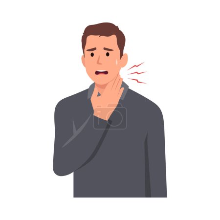 Young man painful Sore Throat. Pharyngitis and tonsillitis. Respiratory Illness, Virus Prevention. Flat vector illustration isolated on white background
