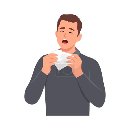 Illustration for Young man sneezing in handkerchief. Sick man sneeze. Season allergy. Flat vector illustration isolated on white background - Royalty Free Image