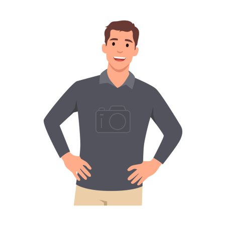 Illustration for Young Self-confident guy, a man stands in a heroic pose, cartoon character vector illustration. Flat vector illustration isolated on white background - Royalty Free Image