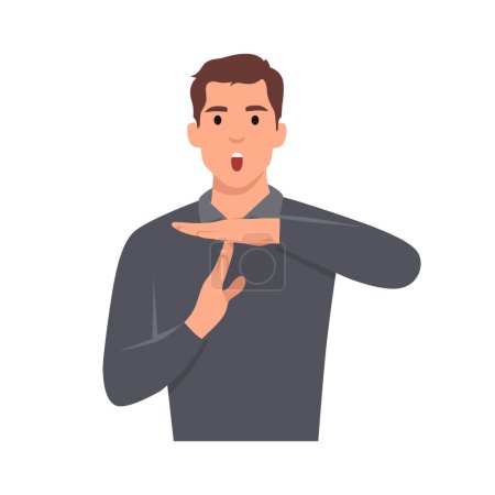 Illustration for Young man upset showing a timeout gesture, needs stop, asks time for rest after hard work, demonstrates break hand sign. Flat vector illustration isolated on white background - Royalty Free Image