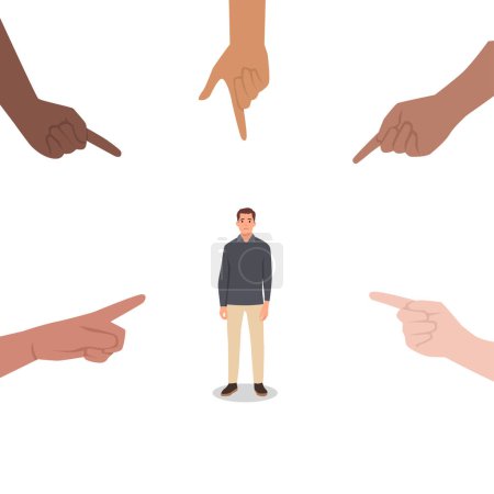 Illustration for Young man Sad depressed, ashamed man surrounded by hands pointing him out with fingers. Harassment shame victim. Social disapproval blame and accusation concept. Flat vector illustration isolated - Royalty Free Image