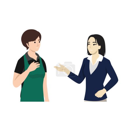Illustration for Asian woman manager talk to kitchen worker communication. People conversation. Flat vector illustration isolated on white background - Royalty Free Image