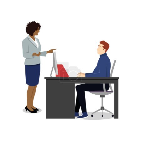 Illustration for Angry business woman pointing finger at man. Colleague reprimanding, blaming, accusing coworker of mistake. Office workers conflict. Argument, confrontation dispute. Flat vector illustration - Royalty Free Image