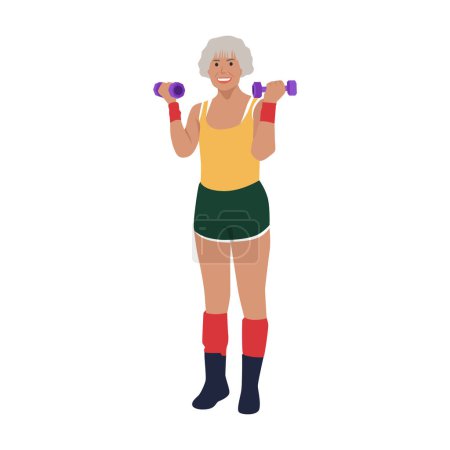 Illustration for Eldery woman doing exercises with dumbbells Workout at home. Flat vector illustration isolated - Royalty Free Image