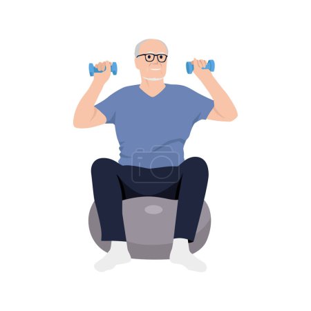 Illustration for Elderly man having orthopedic rehabilitation after trauma. Active old man training on the ball with dumbbells. Flat vector illustration isolated - Royalty Free Image