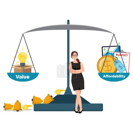 Illustration for Woman leaning on a scale with value and affordability. The cost of energy concept: weighing scale with electric lamp on one plate and cash money on the other side. Flat vector illustration isolated on white background - Royalty Free Image