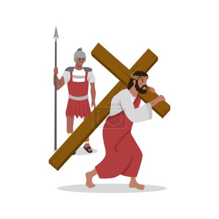 Illustration for 4th sorrowful mystery. Jesus Christ on way of cross, Bible concept. Son of god in crown of thorns is carrying cross to Golgotha. Simon of Cyrene helps Messiah to bear cross. - Royalty Free Image