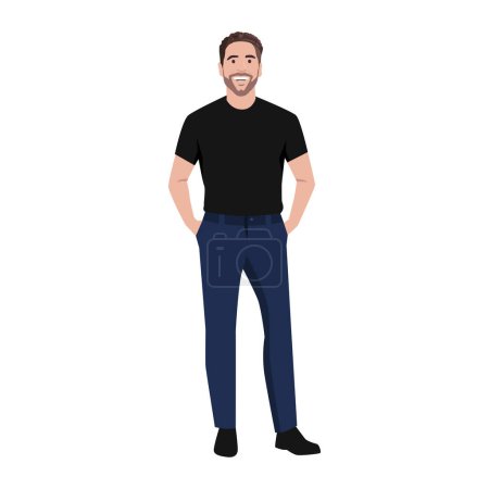 Bearded Man in with Muscular Body in Standing Pose with both his hands inside pocket. Full Length Vector Illustration