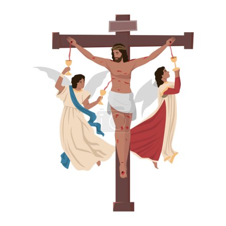 Illustration for 5th sorrowful mystery. Crucifixion of Christ, Bible concept. Illustrattion of Jesus Christ, crucified on Golgotha and Maria with Simon praying and crying near him. Passion of Mesiah on of God - Royalty Free Image