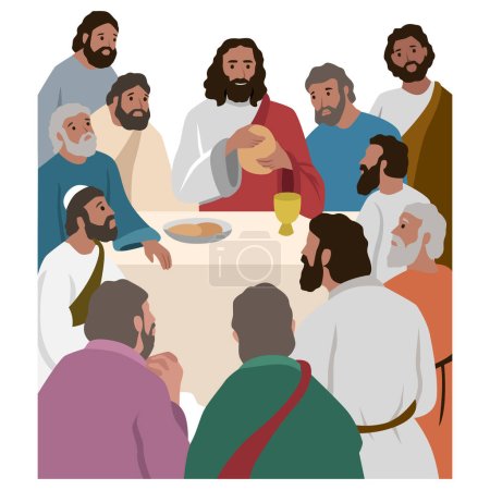 Religion, Bibel, Christentum. Illustration biblischer religiöser Serien des Neuen Testaments. Letztes Abendmahl Jesu Christi und 12 Apostel vor der Kreuzigung des Sohnes Gottes.