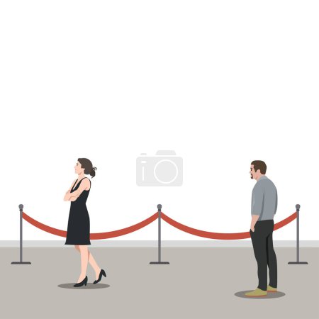 Illustration for Man looking at a woman of his life from far and fall in love from the first sight. Woman walking from side view. Man hands in pocket. Flat vector illustration isolated on white background - Royalty Free Image