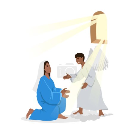 Illustration for Annunciation, religion, bible, christianity concept. Catholic orthodox holiday illustration. Angel biblical religious character archangel Gabriel appearing to virgin Mary and carrying Gospel from God. - Royalty Free Image