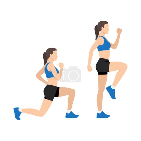 Frau macht Lunge Step Ups Übung. Workout für Gesäß und Hüfte. Flache Vektordarstellung isoliert auf weißem Hintergrund