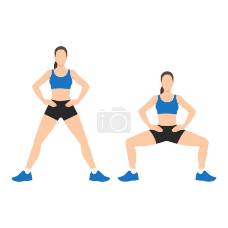 Wide squats. Workout for the buttocks and hips. Flat vector illustration isolated on white background
