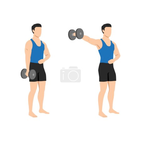 Illustration for Man doing one arm side lateral raises. Shoulder workout and training. Flat vector illustration isolated on white background - Royalty Free Image