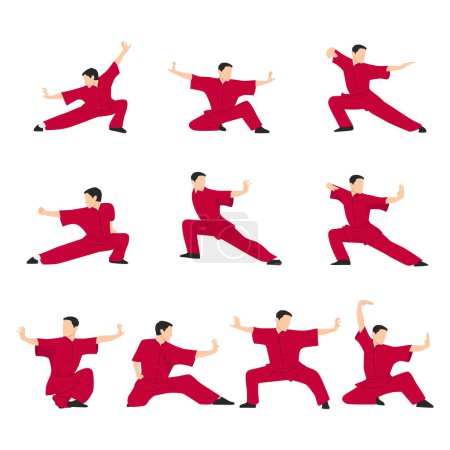 Illustration for Vector set of wushu. Wushu positions. Design elements and icons. Flat vector illustration isolated on white background - Royalty Free Image