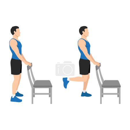 Illustration for Man doing standing chair or supported hamstring curls exercise. Flat vector illustration isolated on white background - Royalty Free Image