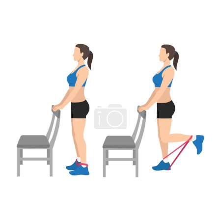 Téléchargez les illustrations : Woman doing standing supported resistance band hamstring curls exercise. Flat vector illustration isolated on white background - en licence libre de droit