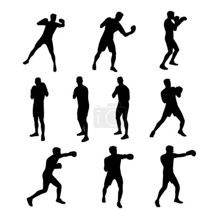Illustration for Man doing boxing moves exercise. Jab Cross Hook and Uppercut movement. Shadow boxing. Flat vector illustration isolated on white background - Royalty Free Image