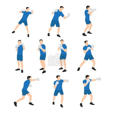 Illustration for Man doing boxing moves exercise. Jab Cross Hook and Uppercut movement. Shadow boxing. Flat vector illustration isolated on white background - Royalty Free Image