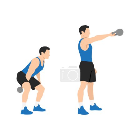 Ilustración de Hombre haciendo ejercicio de columpios de kettlebell de un brazo. Ilustración vectorial plana aislada sobre fondo blanco - Imagen libre de derechos