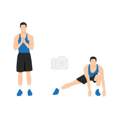 Illustration for Man doing Lateral lunges to floor touches exercise. Flat vector illustration isolated on white background - Royalty Free Image