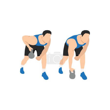Man doing one arm kettlebell rows exercise. Flat vector illustration isolated on white background