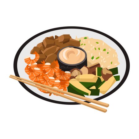 Téléchargez les illustrations : Servant hibachi de riz, crevettes, steak et légumes servis avec de la sauce en gros plan dans une assiette sur la table. Vue de dessus horizontale d'en haut - en licence libre de droit