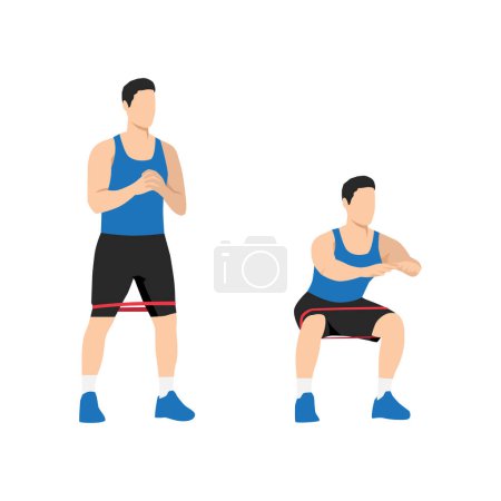 Téléchargez les illustrations : Un homme qui fait de l'exercice de squat. Illustration vectorielle plate isolée sur fond blanc - en licence libre de droit