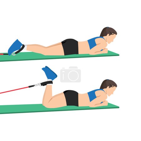 Illustration for Woman doing Prone leg curl exercise. flat vector illustration isolated on white background - Royalty Free Image