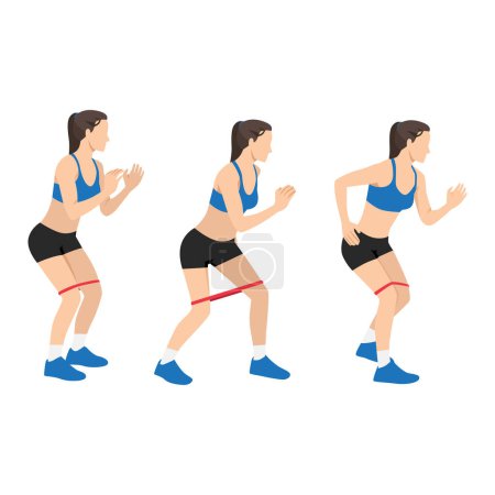 Ilustración de Mujer haciendo Banded camina ejercicio. ilustración vectorial plana aislada sobre fondo blanco - Imagen libre de derechos