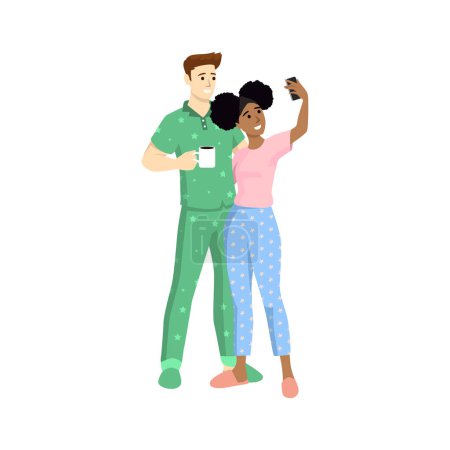 Ilustración de La pareja feliz se toma selfies usando pijama. El hombre y la mujer son fotografiados juntos. Ilustración vectorial en un estilo plano - Imagen libre de derechos