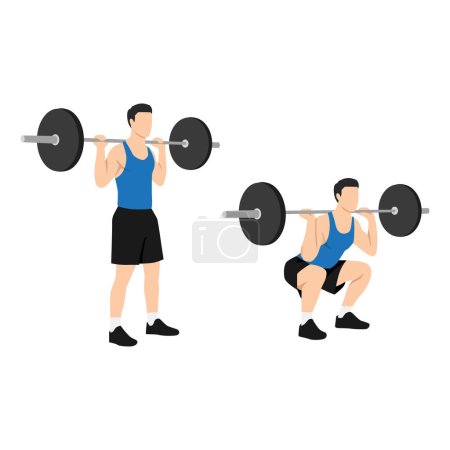 Man doing Barbell squat exercise. Flat vector illustration isolated on white background