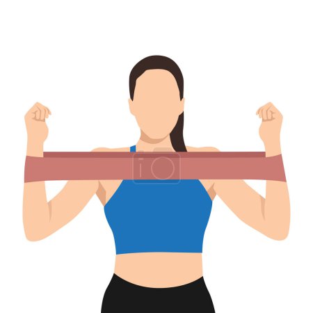 Woman doing toned arm stretch with resistance band exercise. Flat vector illustration isolated on white background