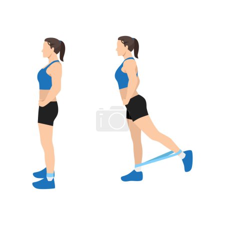 Illustration for Woman doing Standing kickbacks Resistance band exercise. Flat vector illustration isolated on white background - Royalty Free Image