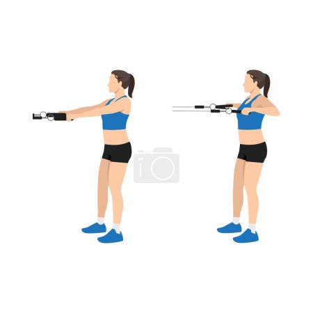 Illustration for Woman doing Upper back farmers Resistance band exercise. Flat vector illustration isolated on white background - Royalty Free Image