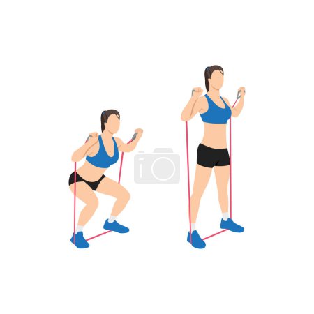 Illustration for Woman doing Resistance band squat exercise. Flat vector illustration isolated on white background - Royalty Free Image