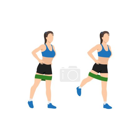 Illustration for Woman doing Rear leg raise Resistance band exercise. Flat vector illustration isolated on white background - Royalty Free Image