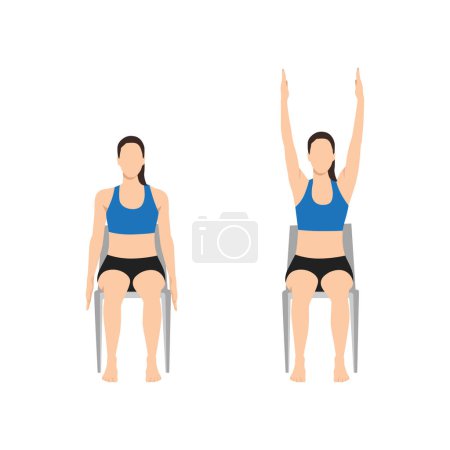 Téléchargez les illustrations : Femme faisant la pose des mains levées chaise. urdhva hastasana exercice. Illustration vectorielle plate isolée sur fond blanc - en licence libre de droit