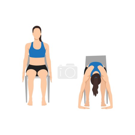 Femme faisant la courbure avant de la chaise. Exercice Uttanasana. Illustration vectorielle plate isolée sur fond blanc
