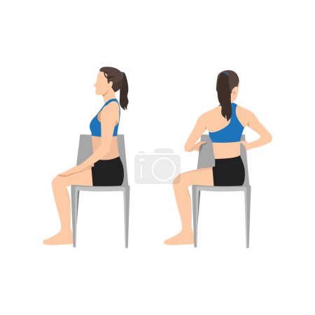Illustration for Woman doing Chair spinal twist. ardha matsyendrasana exercise. Flat vector illustration isolated on white background - Royalty Free Image