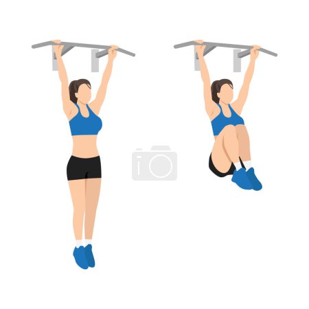 Illustration for Woman doing Hanging knee raises exercise. Flat vector illustration isolated on white background - Royalty Free Image