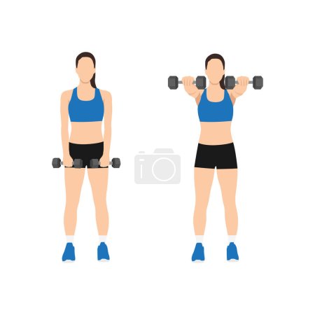 Woman doing Two arm dumbbell front shoulder raises exercise. Flat vector illustration isolated on white background