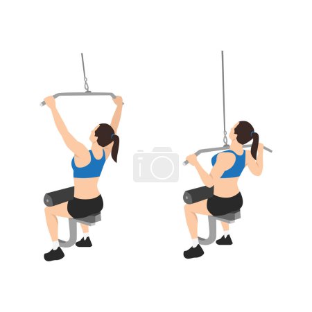 Illustration for Woman doing seated lat pulldowns flat vector illustration isolated on white background - Royalty Free Image