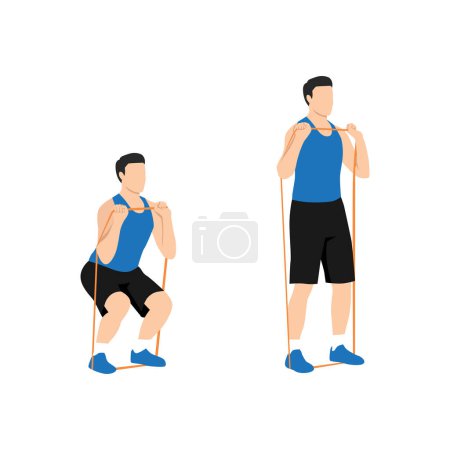 Illustration for Man doing Banded front squat Resistance band exercise. Flat vector illustration isolated on white background - Royalty Free Image